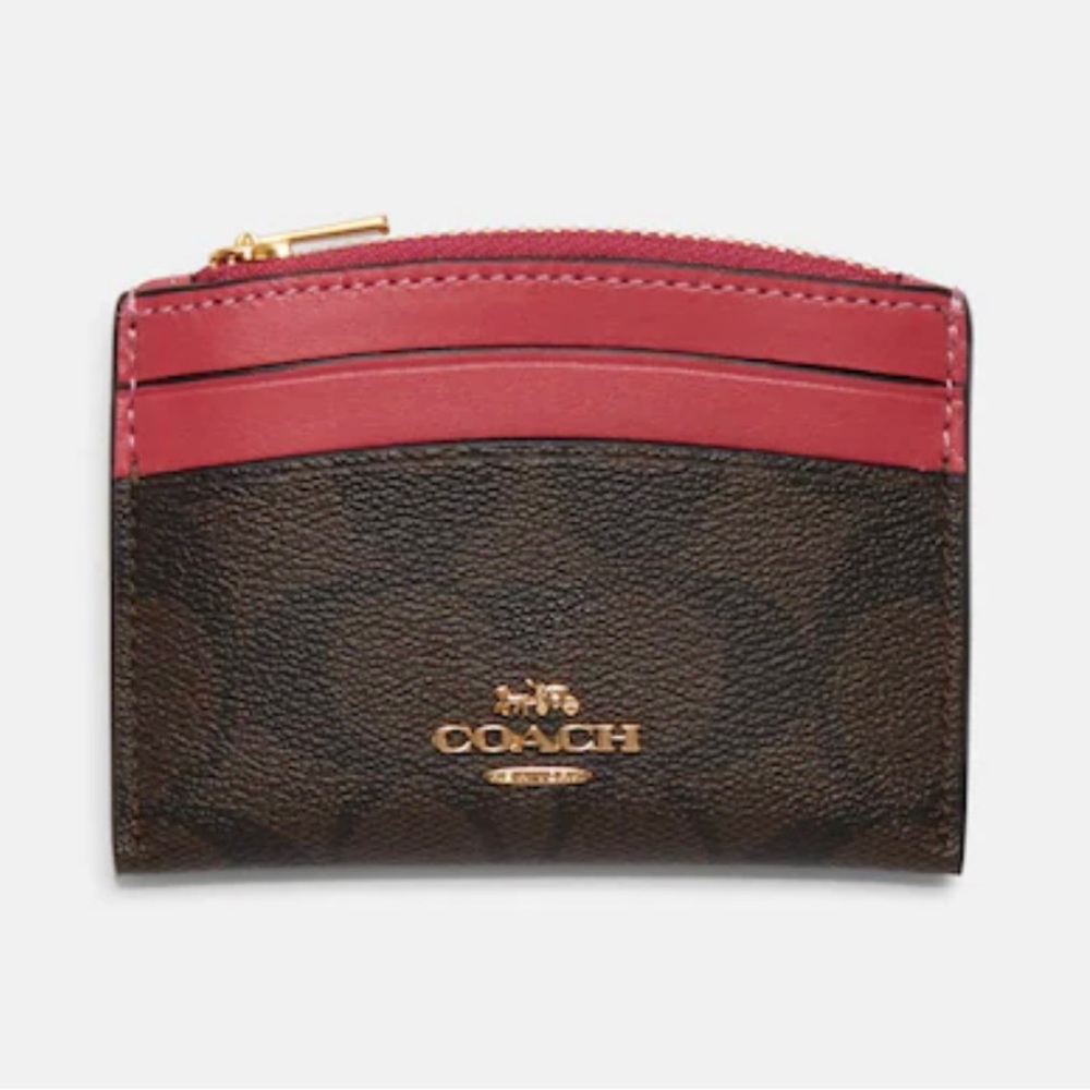 Shaped Card Case In Signature Canvas, brown & strawberry with gold hardware. NWT